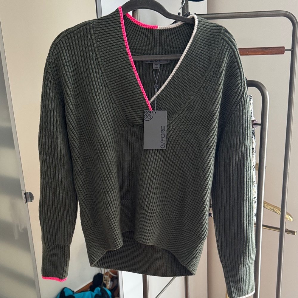 G/FORE Dark Green V-Neck Sweater with Pink and White Trim